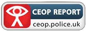 A small rectangular CEOP report button with a red and blue design, allowing users to report online safety concerns.