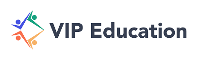 VIP Education logo featuring a colourful abstract design with four dots