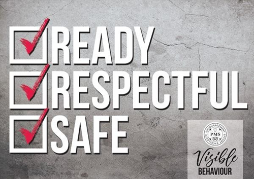 A grey and white graphic showing the Penkridge Middle School rules: Ready, Respectful, Safe. 