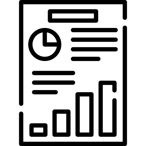 Black and white icon of an inspection report featuring a pie chart, bar graph, and text lines.  