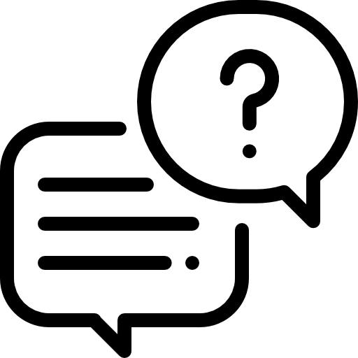 Black and white icon of a speech bubble with a question mark, representing frequently asked questions and school guidance.