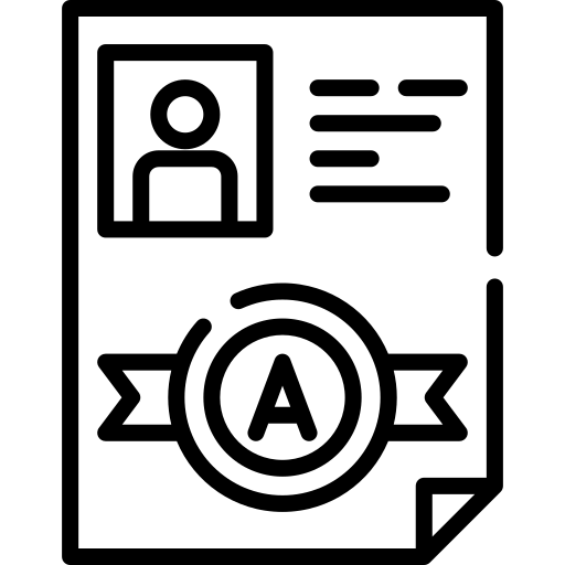 Black and white admissions icon featuring a user profile and an award badge, symbolising school enrollment and excellence