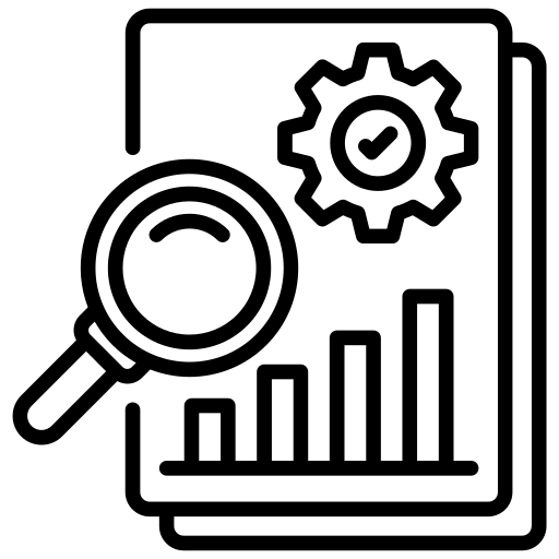 Black and white icon of a magnifying glass over a bar chart, symbolising assessment and academic performance.  