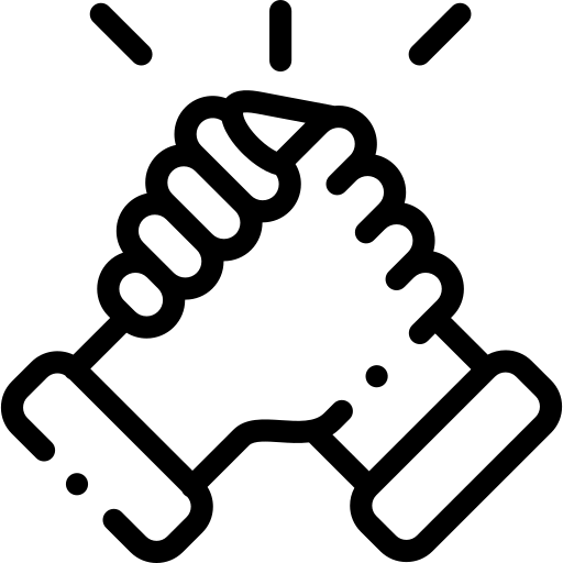 Black and white icon of two hands shaking, symbolising parent-school partnership and support.  