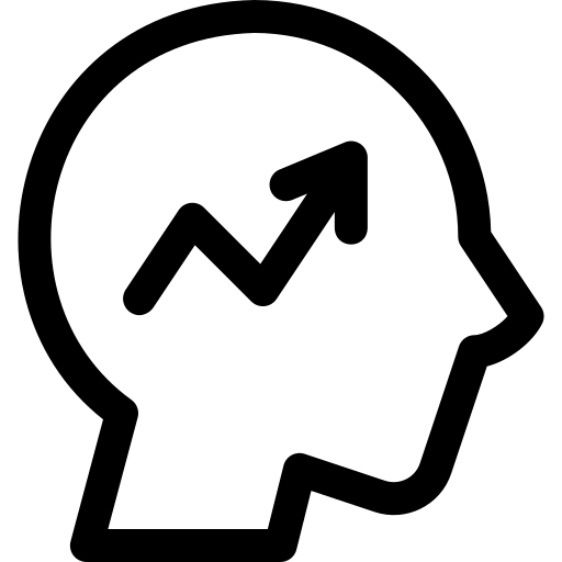 Black and white icon of a human head with an upward arrow, symbolising personal growth and development.