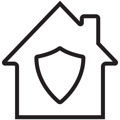 A black and white outline of a house with a shield in the centre, representing safeguarding and protection