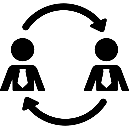 Black and white icon of two people connected by arrows, symbolising school transition and new student support. 