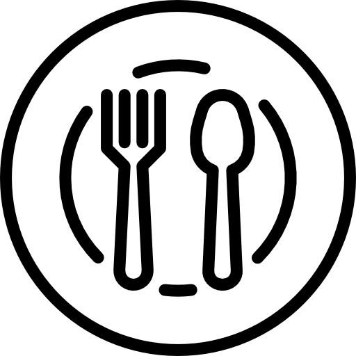Black and white icon of a plate with a fork and knife, symbolising school meal options.  