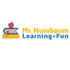 "Mr. Nussbaum Learning + Fun" logo with a red apple on top of a stack of blue and yellow books.  