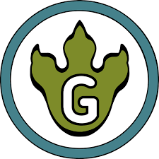 Circular green and blue logo featuring a dinosaur footprint with a letter "G" in the center.  