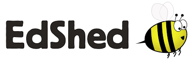 EdShed logo featuring bold black text with a cartoon bee on the right side. 