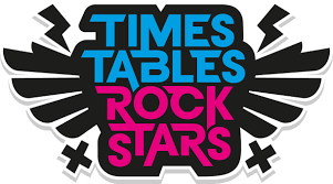 Times Tables Rock Stars logo featuring bold blue and pink text with black lightning bolt wings.  