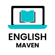 "English Maven" logo featuring an open book on a laptop icon with black text.  
