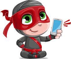 Cartoon-style ninja character wearing a red mask, holding a mobile phone, and smiling.  