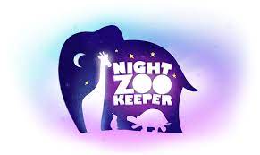 "Night Zookeeper" logo with a silhouette of an elephant, a glowing giraffe, and a small turtle under a starry purple sky.  