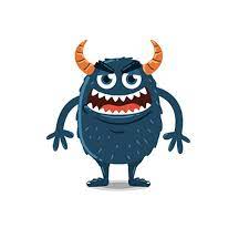 Cartoon-style blue monster with horns, sharp teeth, and a playful expression.  