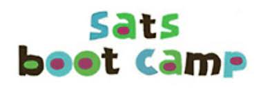 "SATS Boot Camp" logo with multicoloured text in a playful, handwritten style.  